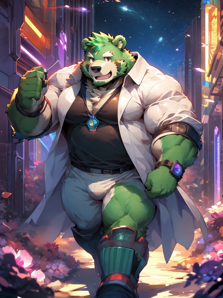 masterpiece, high quality, anime, detailed eyes, male jinpei, anthro, bear, Great physique, strong arms manly, in the Space, Walking in the city, Future city, Casual suit, (((green bear))), (((green fur))), green hair, beard, white eyebrows, bald, detailed red eyes, tall, (Rainbow Spark), Shimmering crystal flower, Joyful, (black t-shirt inside), (((white unhooded trench coat ))), by zixiong, by null-ghost, by pino daeni