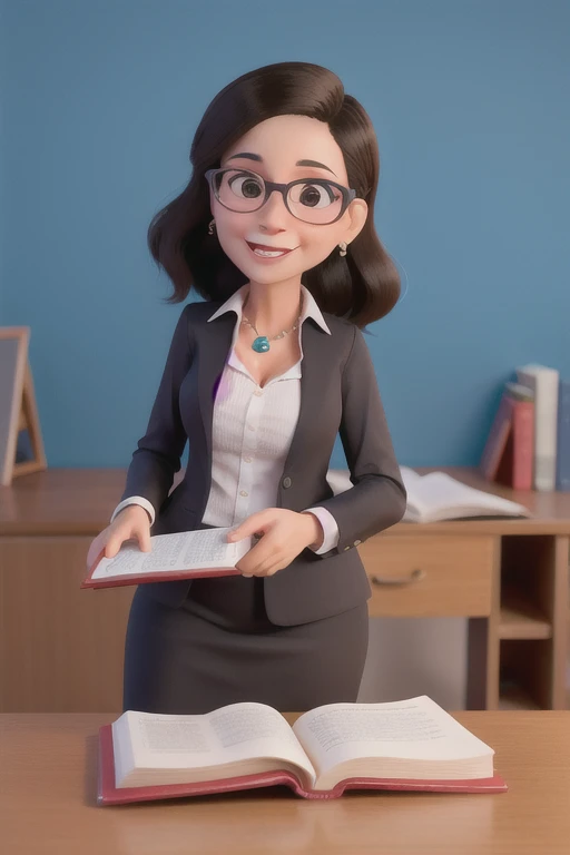 criar uma imagem de uma professora loira de roupa preta em um escritorio