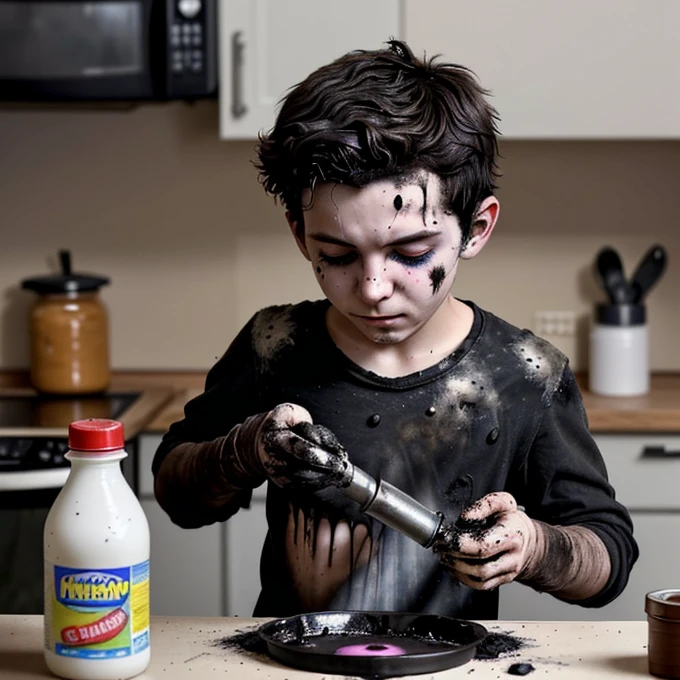 A boy who failed to make a concoction and ended up covered in soot after it exploded