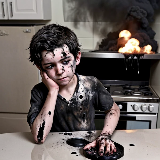 A boy who failed to make a concoction and ended up covered in soot after it exploded
