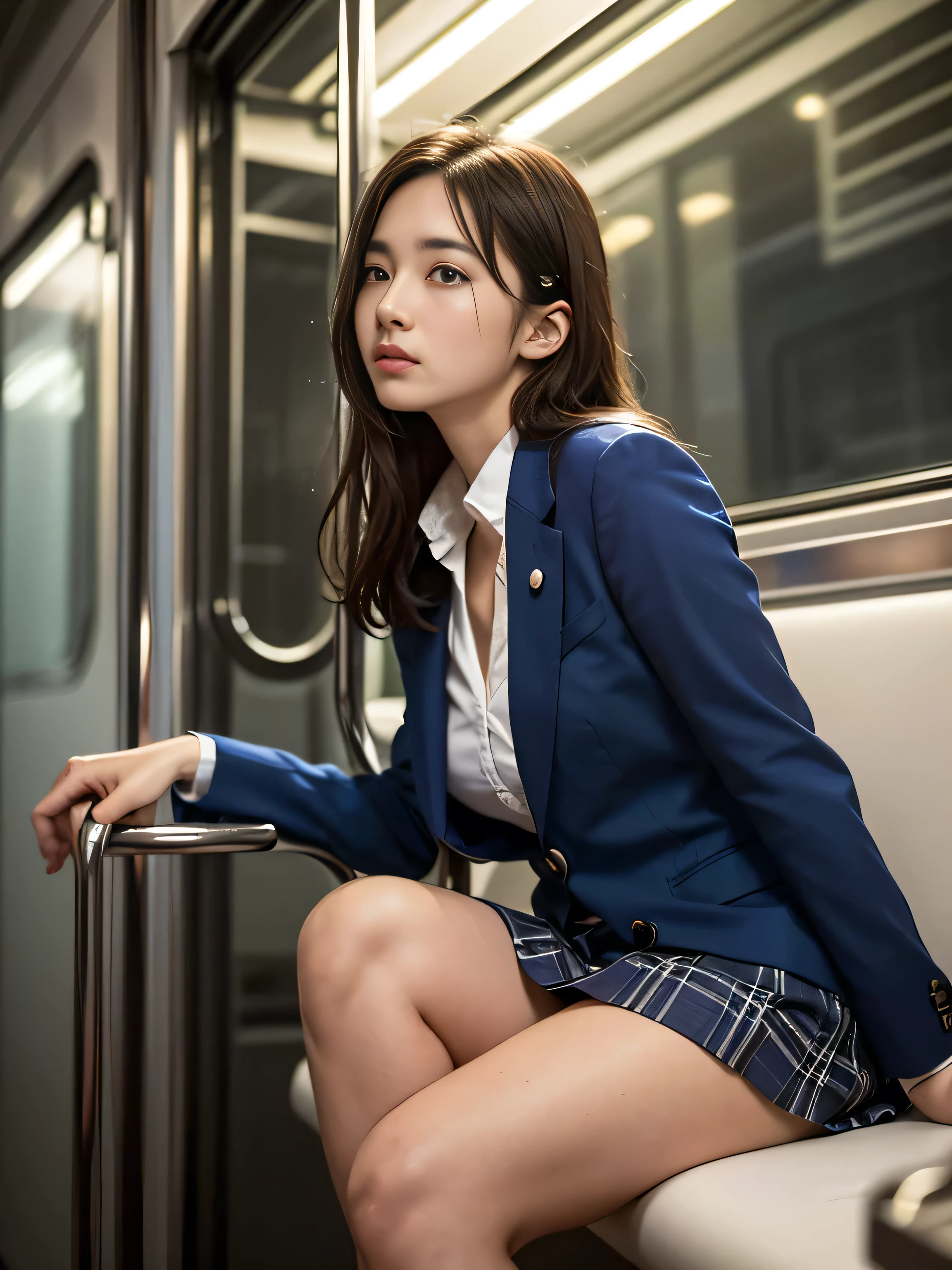 (masterpiece:1.3), (8k, Photorealistic, RAW Photos, Best image quality: 1.4)、(Random hairstyle:1.2)、Super detailed face、Pay attention to the details、double eyelid、、Sharp focus:1.2、Beautiful woman:1.4、Light brown hair、highest quality、masterpiece、超A high resolution、(Photorealistic:1.4)、Very detailed and professionally lit smile、thin、Serious expression、Deadly position,whole body,Concentrated,(8k, RAW Photos, highest quality, masterpiece: 1.2, Realistic, photoRealistic, Photon Mapping, Photon Mapping, photoRealistic, Very detailed, Professional Lighting, Low Angle: 1.2), (1 girl), (alone: 1.5), (whole body), (Height: 170cm), (22 year old high school girl),(Inside the train), (Japanese High School Uniform), (Dark Blue Blazer: 1.2), (Checkered short skirt: 1.2), (White shirt for students), (tie: 1.2), (Sitting, I&#39;looking forward to it), (Open your thighs: 1.2), (Light brown medium hair), (Black Loafers: 1.2), (Beautiful Face: 1.2), (Perfect balance: 1.2), (Long legs: 1.2), (Clear Skin), Beautiful body, Very detailed,Voyeur,Natural perspective,Find other places,Glare