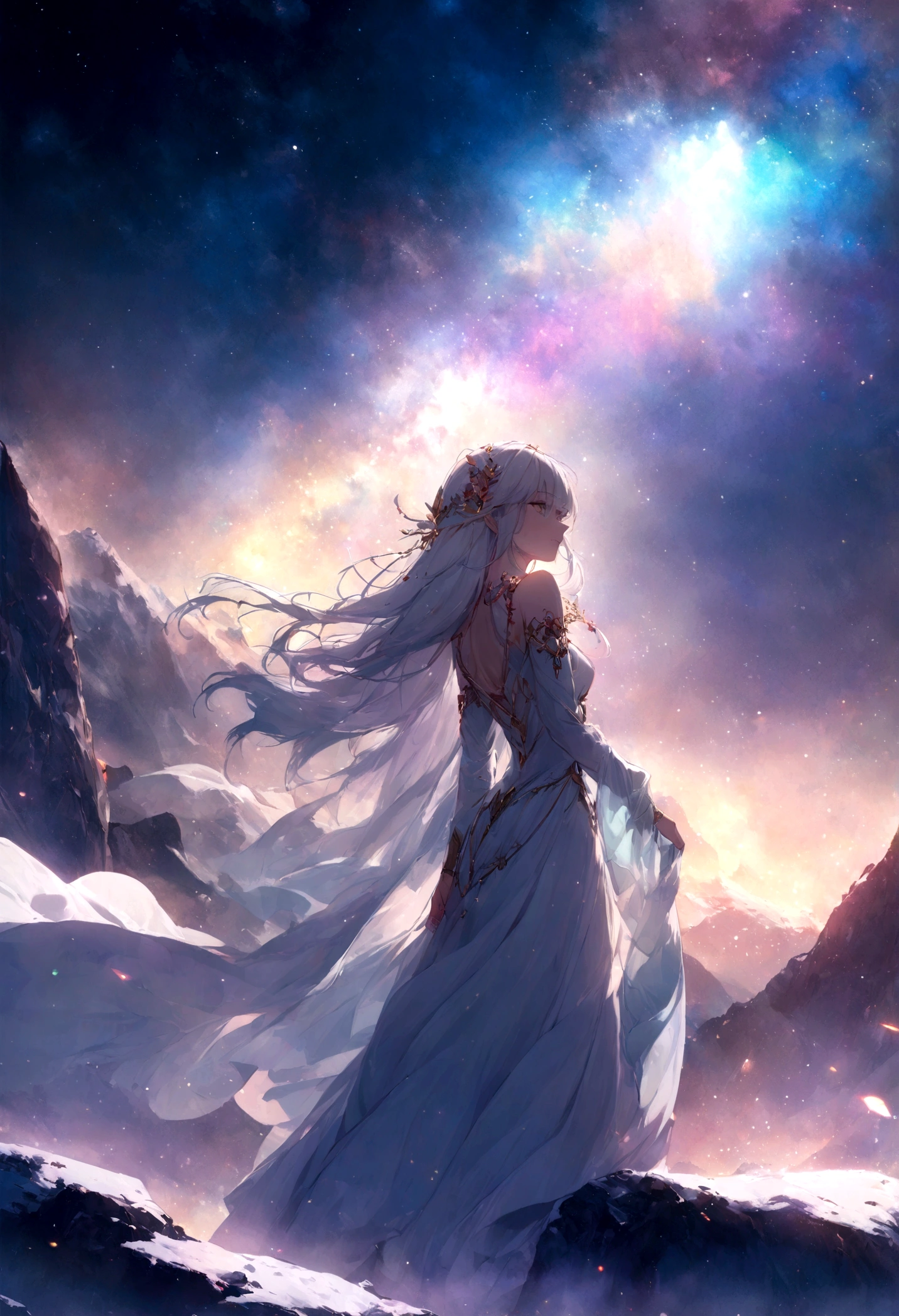 Huge landscape photo (bottom view, which depicts the sky above and rocks), (full moon: 1,2), (falling stars: 0,9), (nebula: 1,3), High Lonely mountain ,(Cold light source:1.2),  mountain, Snowy mountains, volumetric lighting, реализм BREAK (the masterpiece:1.2), (Best quality), 4K, ultra detailed, (Dynamic composition: 1.4), detailed, colorful details, (White color scheme: 1.2), (Glowing Lighting, Ambient lighting), Dreamy, elven, (solo: 1.2)