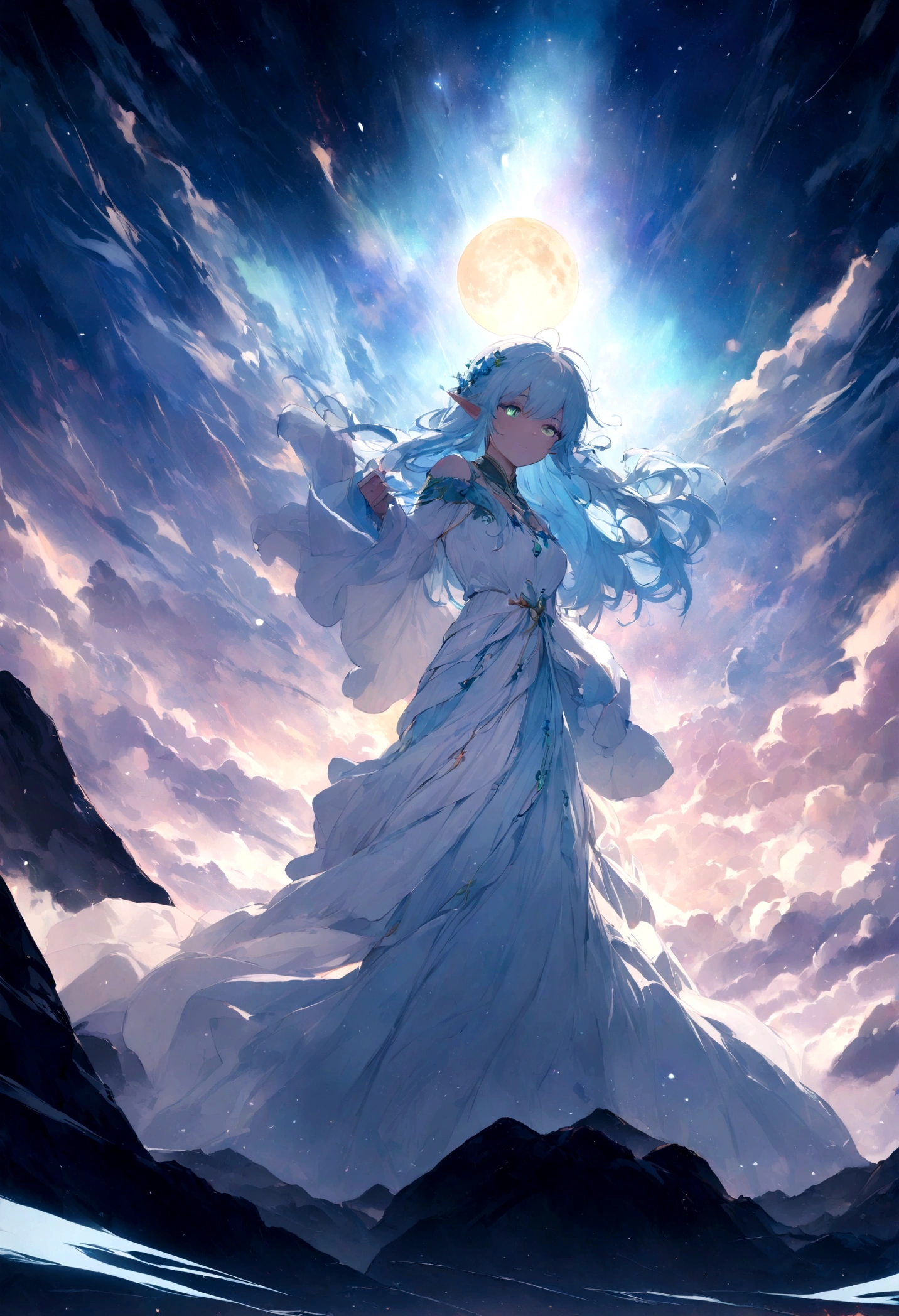 Huge landscape photo (bottom view, which depicts the sky above and rocks), (full moon: 1,2), (falling stars: 0,9), (nebula: 1,3), High Lonely mountain ,(Cold light source:1.2), mountain, Snowy mountains, volumetric lighting, реализм BREAK (the masterpiece:1.2), (Best quality), 4K, ultra detailed, (Dynamic composition: 1.4), detailed, colorful details, (White color scheme: 1.2), (Glowing Lighting, Ambient lighting), Dreamy, elven, (solo: 1.2)