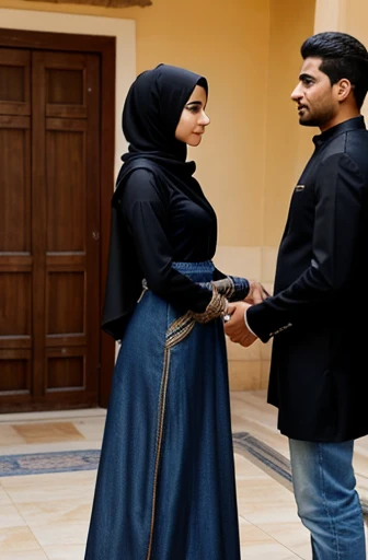 An indian man of height 5 feet 7 inches, with fair skin wearing shirt and jeans talking to a beautiful fair european muslim maid with perfect body. The muslim maid height is 5 feet 2 inches and is wearing a black coloured abaya.
