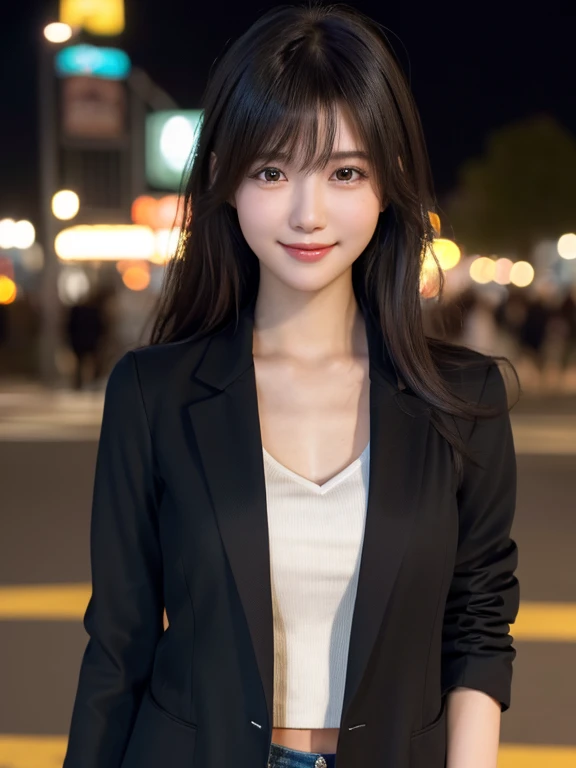 1 Japanese girl,(blazer、Cut and sew:1.4), (RAW Photos, highest quality,8K), (Realistic, Realistic:1.4), Very delicate and beautiful, Very detailed, wonderful, In detail, Very detailedなCG Unity, High resolution, Soft Light, 美しくIn detail描かれた19歳の少女, Very detailedな目と顔, Beautiful and detailed nose, Real skin texture、Beautiful details,Cinema Lighting,City lights at night,Perfect Anatomy,Golden Ratio、Slender body,Large Breasts、A sparkling smile (My hair is messy, Asymmetrical bangs, Black Hair,Medium Wave)