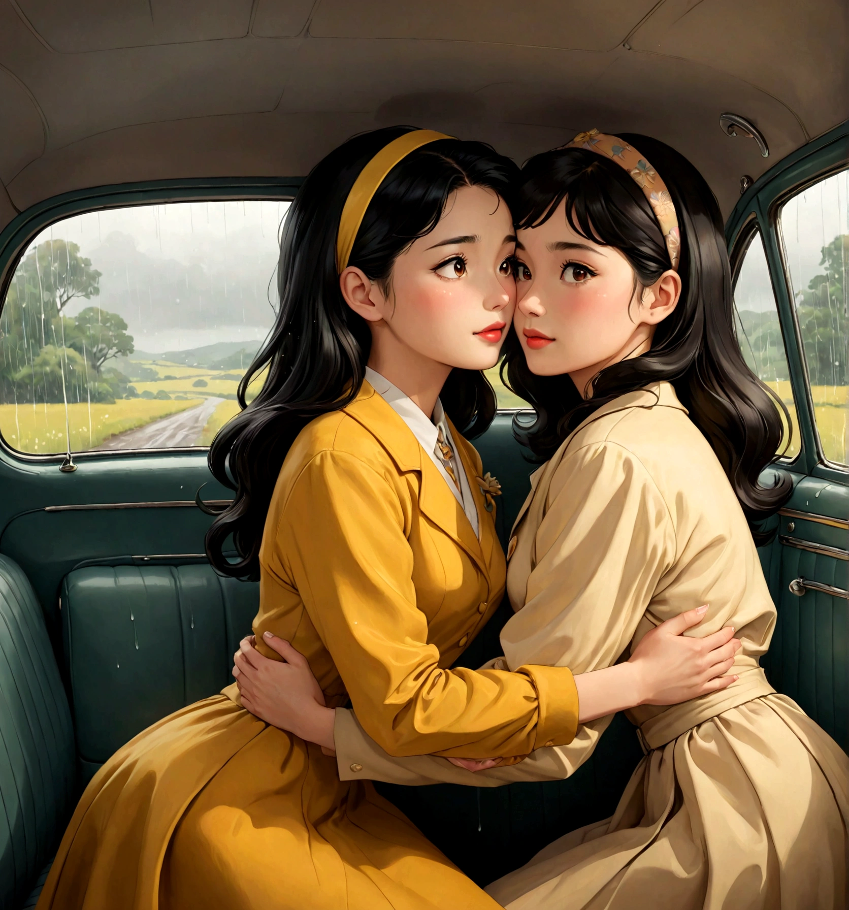 Name "The Loyal Pin (Sarocha Chankimha-Rebeca Armstrong)" in an elegant and dynamic 3D font in metallic gold and create an idyllic and perfect image in Anime Semi-Realism style, of two women in love, lying on the back seat inside a car from the 50s, looking at each other with tenderness and love; One is a beautiful Asian woman with long black hair, dressed in clothes from the 50s and is being hugged by the other woman, a beautiful British woman with semi-long light brown hair and a headband that matches her clothes, dressed in clothes from the 50s. 50. It's an intimate moment between them. The scene is completed with a very rainy landscape outside the car and they are hugging inside the car with the windows fogged up.