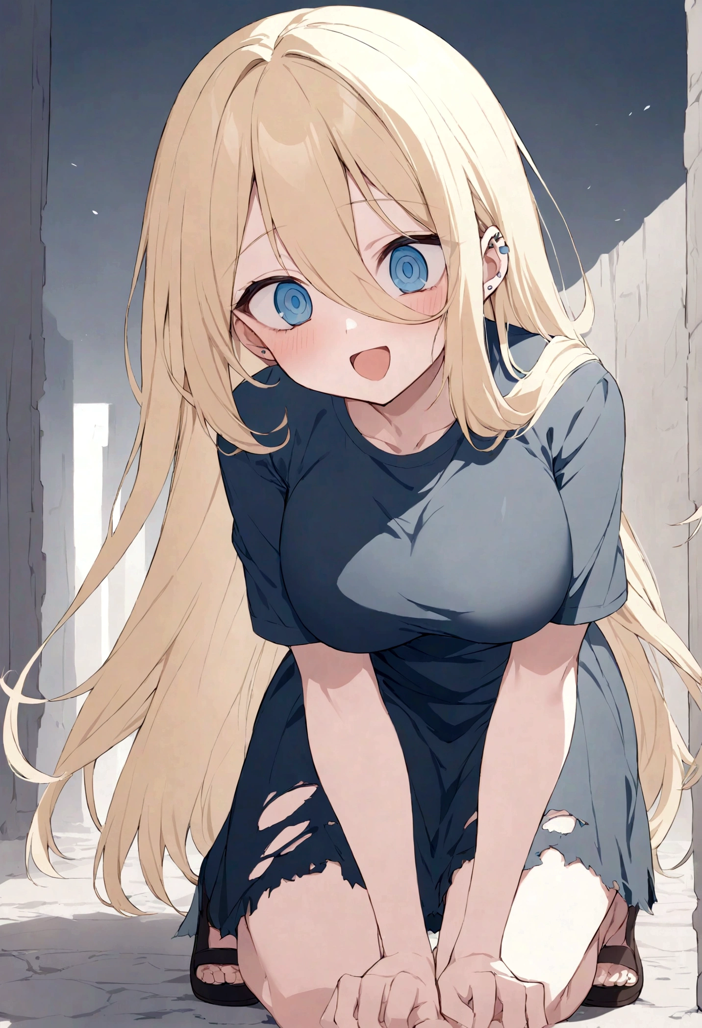 long blonde hair, vacant eyes, open mouth, expecting eyes, happy,kneeled, ragged clothing, no thoughts, large breast,piercing blue eyes, young woman, 