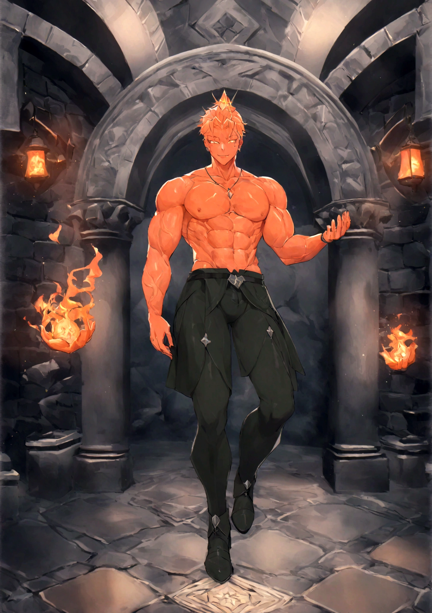Meisterwerk, Top quality, 16K UHD, Stehen, 1 male fire genasi with orange skin, Feuer Zauberer, kein Oberteil, Free upper body, Sixpack-Muskeln, muscular physique, elegante e Hose, feuriges brennendes Flammenhaar, Feuermagier, a swirling fireball hovers above his left hand, Magische-Kulisse, selbstbewusste Pose, devilish smile. Hochdetaillierte Gesichts- und Hautstruktur, detaillierte Augen, eckige Augenbrauen, Bernsteinfarbene Augen mit Funken, fine facial features, chiseled jawline, Shiny orange skin with smoky undertones
