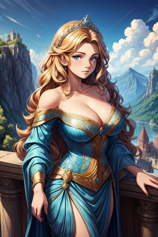 (masterpiece), (best quality), (ultra detailed),(wavy hair),(illustration), (1girl), standing, Middle Ages, princess, looking at viewer, (interview), (detailed background),beautiful detailed eyes, delicate beautiful face, (detailed skin), (Textured skin, skin pores: 1.1), hourglass figure,upper body portrait, 26 year old, Scandinavian woman, Golden hair, bright blue eyes, pale skin, small freckles, large breasts, tight blue dress, off shoulder, cleavage, diamond tiara, shining), best lighting, best shadow, (high saturation), rooftop of a fortress, day time, view of the mountains, clouds, (perfect hands, perfect anatomy), (4k textures), epic artistic, sharp focus, even lighting, insane details, intricate details, hyperdetailed, rich colors,