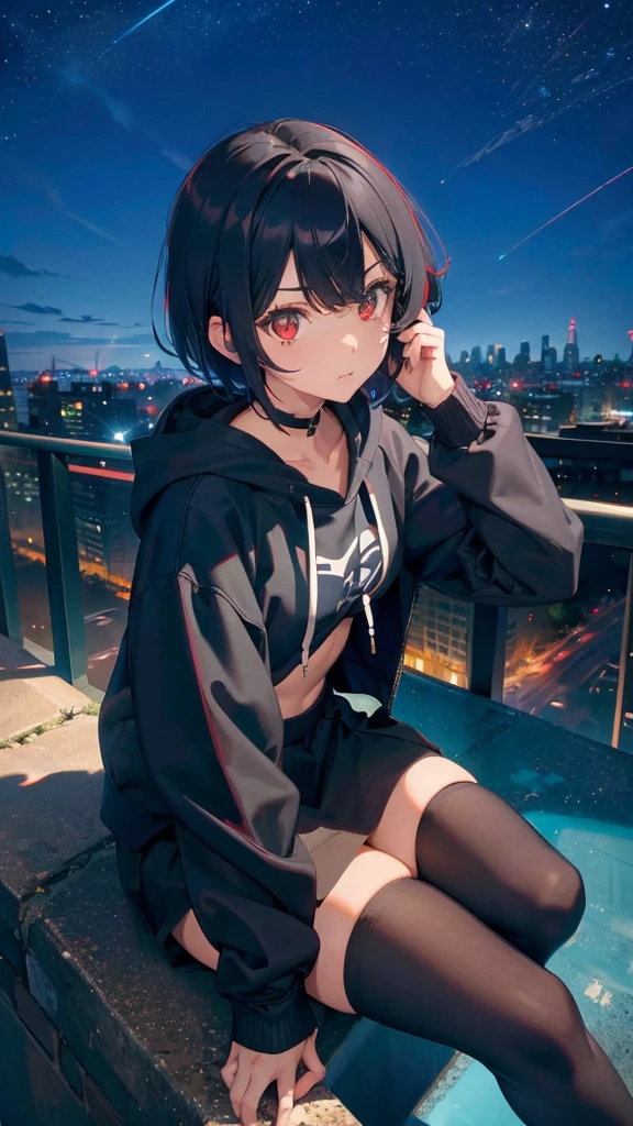zettai ryouiki, Hoodie,short hair, Black hair, Flat chest, 1cat Red eyes,hair pin,Solo,full body, highres,blue sky,City,Looking up at the shining sky,Looking up at the sky,morning,Sit down