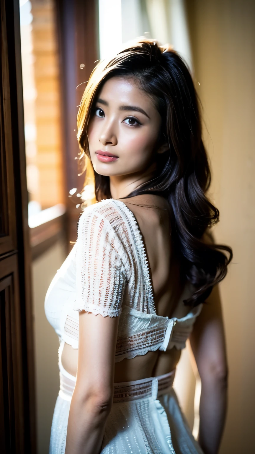 highest quality、High resolution 16k、Very detailed、Artwork、Live Shooting、Realist:1.4、Hyperrealism:1.4、Sharp focus、Delicate and beautiful, Olive skin and Asian eyes、Young Indian woman with long black hair and long bangs, Thin, sheer white lace underwear, royal palace, Stand in front, Look confident and serious, Looking at the camera, Sunburned skin, RPG World, Thick eyebrows, Sculptural body, No makeup, Medieval