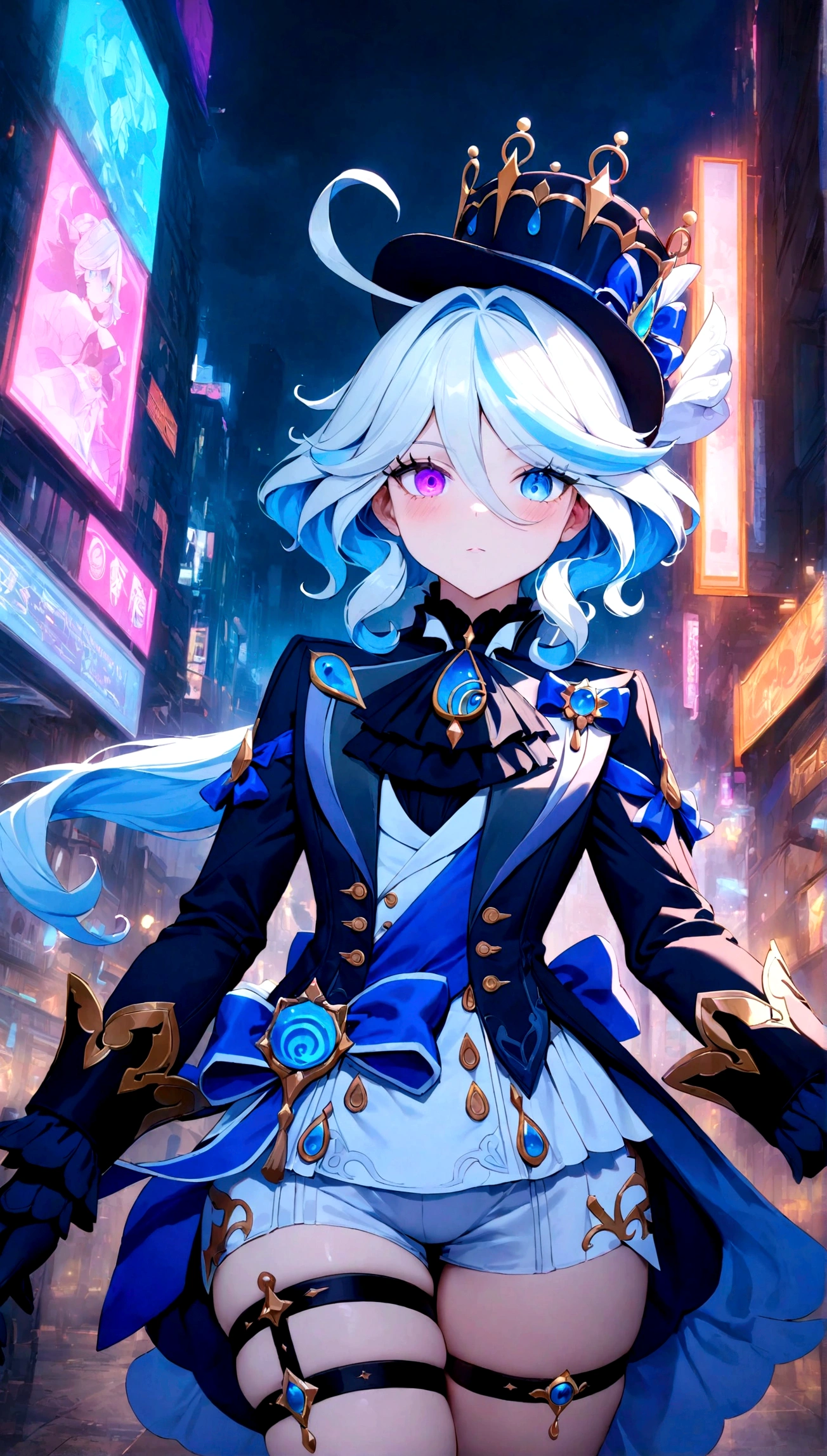 masterpiece, best quality, very aesthetic, absurdres, floating hair, floating clothes, Epic and grandiose scenes,,furina(genshin impact), heterochromia,hat,bule hair,blue eyes,ascot,brooch,long sleeves, jacket,blue bow,gloves,white shorts, thigh strap,Cyberpunk City, Street, Night, neon light, neon sign,