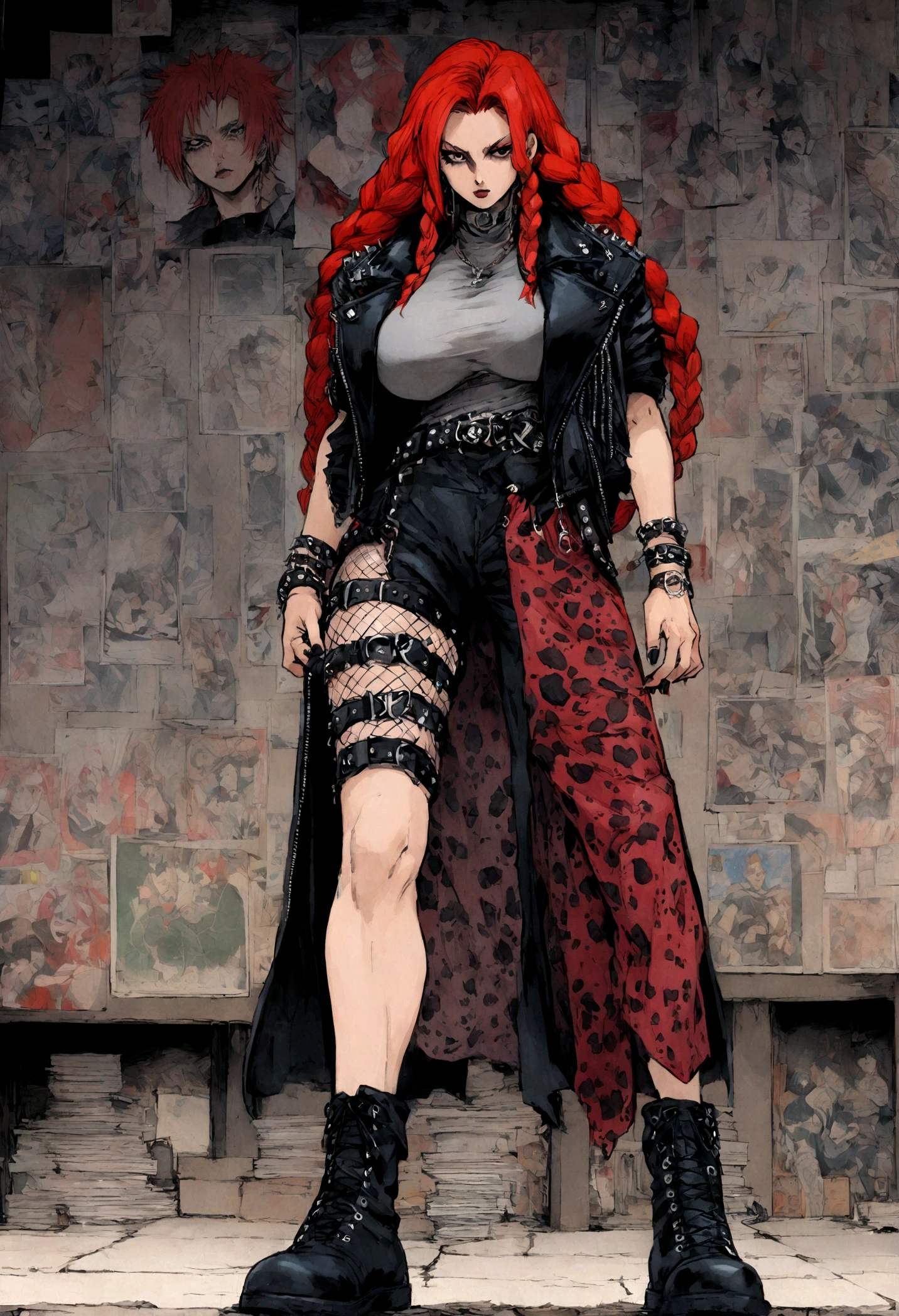 woman, large breast, braided hairs, red hairs, in the style of hirohiko araki,fullbody shot, manga, punk clothes, long hair