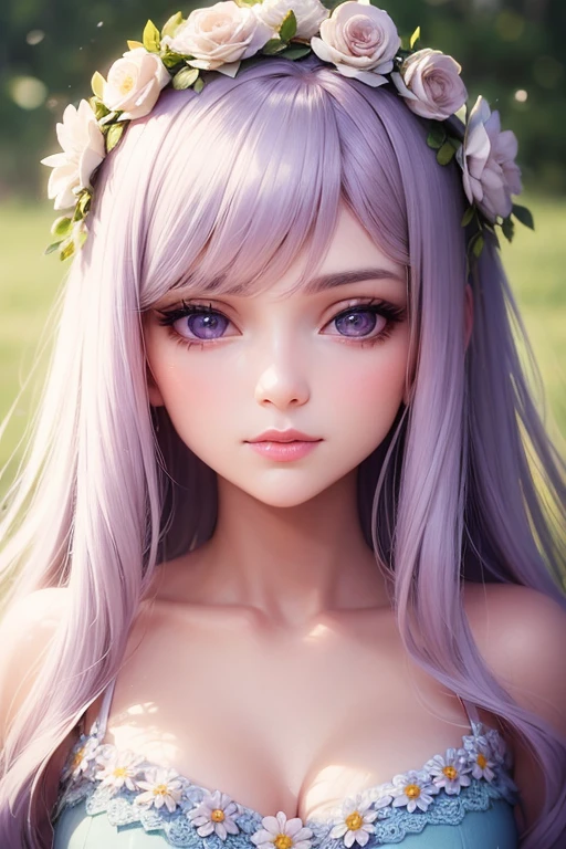 beautiful young woman, floral crown, soft pastel colors, portrait, elegant, serene, photorealistic, highly detailed, 8k, studio lighting, professional, beautiful eyes, beautiful lips, long eyelashes, glowing skin, intricate floral pattern, delicate flowers, nature, dreamy, ethereal