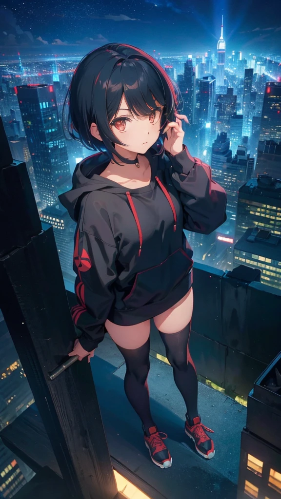 zettai ryouiki, Hoodie,short hair, Black hair, Flat chest, 1cat Red eyes,hair pin,Solo,full body, highres,blue sky,City,Looking up at the shining sky,Looking up at the sky,morning,Stand firm