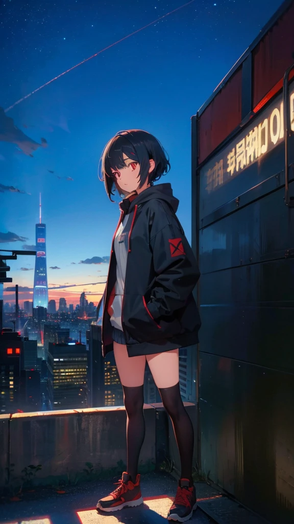 zettai ryouiki, Hoodie,short hair, Black hair, Flat chest, 1cat Red eyes,hair pin,Solo,full body, highres,blue sky,City,Looking up at the shining sky,Looking up at the sky,morning,Stand firm