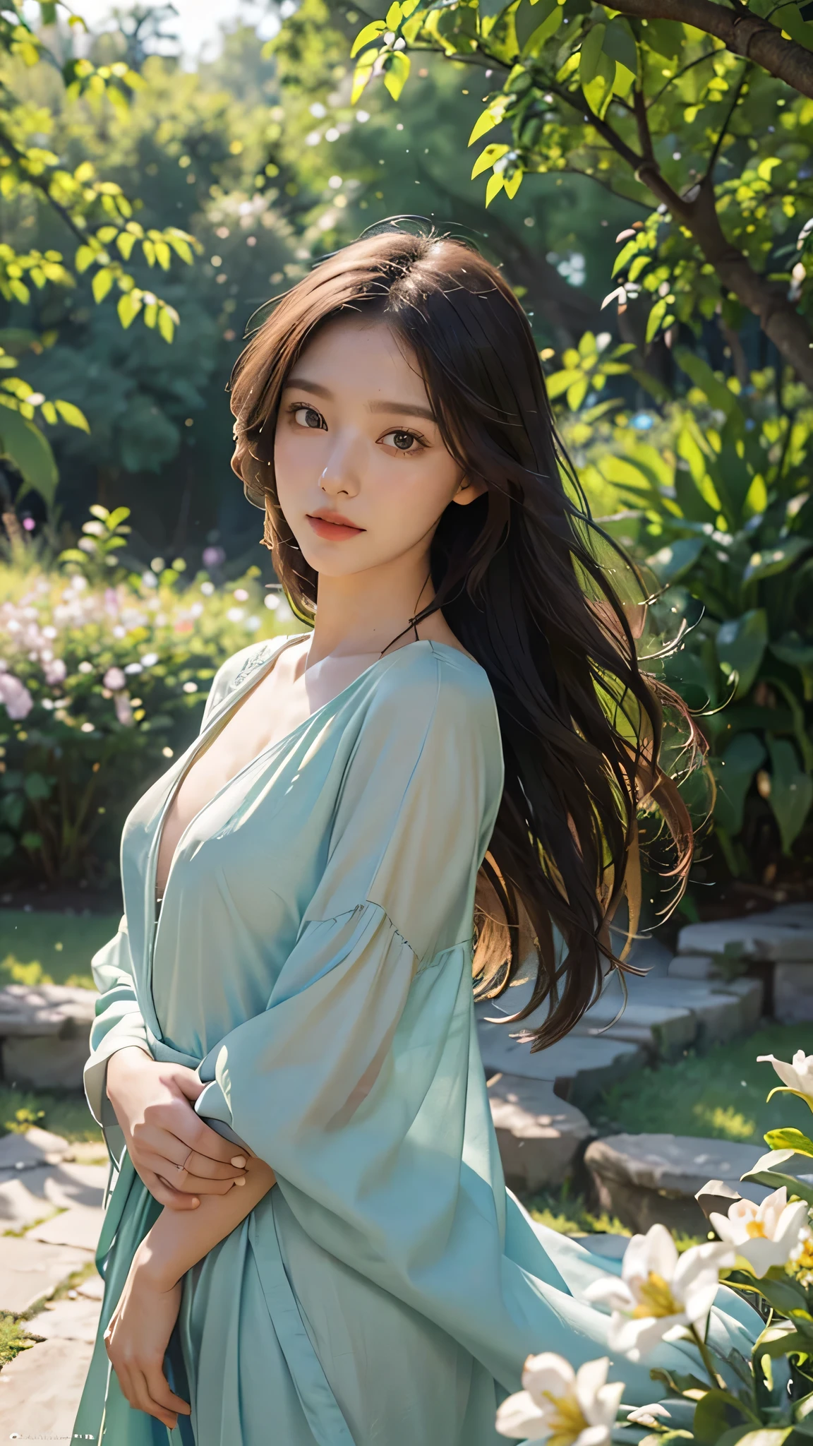 1girl, delicate beauty, elegant expression, long flowing hair, green eyes, small nose, full lips, flawless skin, standing in a lush garden, surrounded by colorful flowers, sunlight filtering through the trees, serene and peaceful atmosphere, (best quality,8k,highres,masterpiece:1.2),ultra-detailed,(realistic,photorealistic,photo-realistic:1.37),intricate details,natural lighting,vibrant colors,professional photography, upper body only,