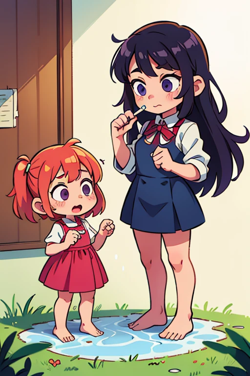 (2 girls) , ddlers,salvia dripping from mouth, uniform, covered in white fluid, barefoot