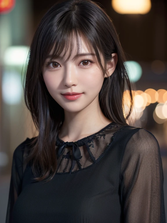 1 Japanese girl,(blouse:1.4), (RAW Photos, highest quality,8K), (Realistic, Realistic:1.4), Very delicate and beautiful, Very detailed, wonderful, In detail, Very detailedなCG Unity, High resolution, Soft Light, 美しくIn detail描かれた19歳の少女, Very detailedな目と顔, Beautiful and detailed nose, Real skin texture、Beautiful details,Cinema Lighting,City lights at night,Perfect Anatomy,Golden Ratio、Slender body,Large Breasts、A sparkling smile (My hair is messy, Asymmetrical bangs, Black Hair,Medium Wave)