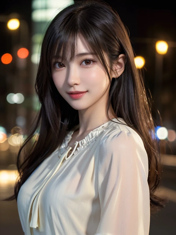 1 Japanese girl,(blouse:1.4), (RAW Photos, highest quality,8K), (Realistic, Realistic:1.4), Very delicate and beautiful, Very detailed, wonderful, In detail, Very detailedなCG Unity, High resolution, Soft Light, 美しくIn detail描かれた19歳の少女, Very detailedな目と顔, Beautiful and detailed nose, Real skin texture、Beautiful details,Cinema Lighting,City lights at night,Perfect Anatomy,Golden Ratio、Slender body,Large Breasts、A sparkling smile (My hair is messy, Asymmetrical bangs, Black Hair,Medium Wave)