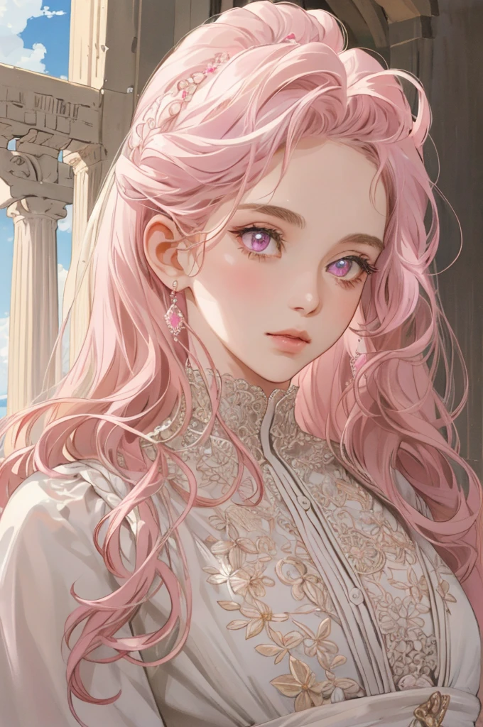 (extremely delicate and beautiful:1.2), 8K,(masterpiece:1.0),(best_quality:1.0), 1 girl, and intricate details, enlarged textures, and intricate details, finely detailed eyes and face, and intricate details, long hair light pink curly, (mouths closed), perfect eyes, matching eyes, pink eyes (A female god) with classic Greek Roman sky blue, looks at camera, looks 50 years old, Blush