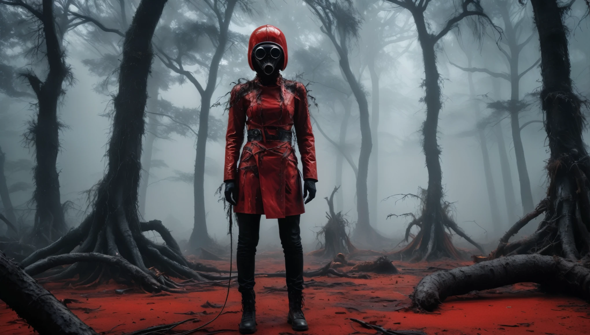 abandoned young graphite junkie's mummy made of dead plants crawling out foggy Louisiana forest, radioactive atmosphere,charcoal mechanical clockwork trees, steampunk dark horror fantasy, ominous landscapes,large number of stars fly towards the viewer,radioactive world,ruined theme,lots of toxic dust,amazon,full body length shot,once pretty face,full body length, eerie atmosphere, ethereal presence,  toxic mists, supernatural entities, sinister aura, dark and twisted branches, macabre elements, eerie and ominous lighting，Complicated detail,captivating creation,intricate details,extremely detailed,masterpiece,intricate details,eyes extremely detailed, high detailed eyes,32k resolution, Nikon Z9,After tsunamis,like Stone Forest in Yunnan Province of China,Simon Stalenhag,Nicola Samori,Wangechi Mutu, horror movie, cinematic look, creepy aesthetic, ultra detailed, photorealistic, masterpiece,(professional 3d render:1.3),junkie, red and black, organic outfit with a curved mask and a glass dome visor, fashionable alien  junkie, vespertine, futuristic clothing and glass, movie still, avante garde design stylings inspired by red and black squares and curves(Intricate:1.4), decadent