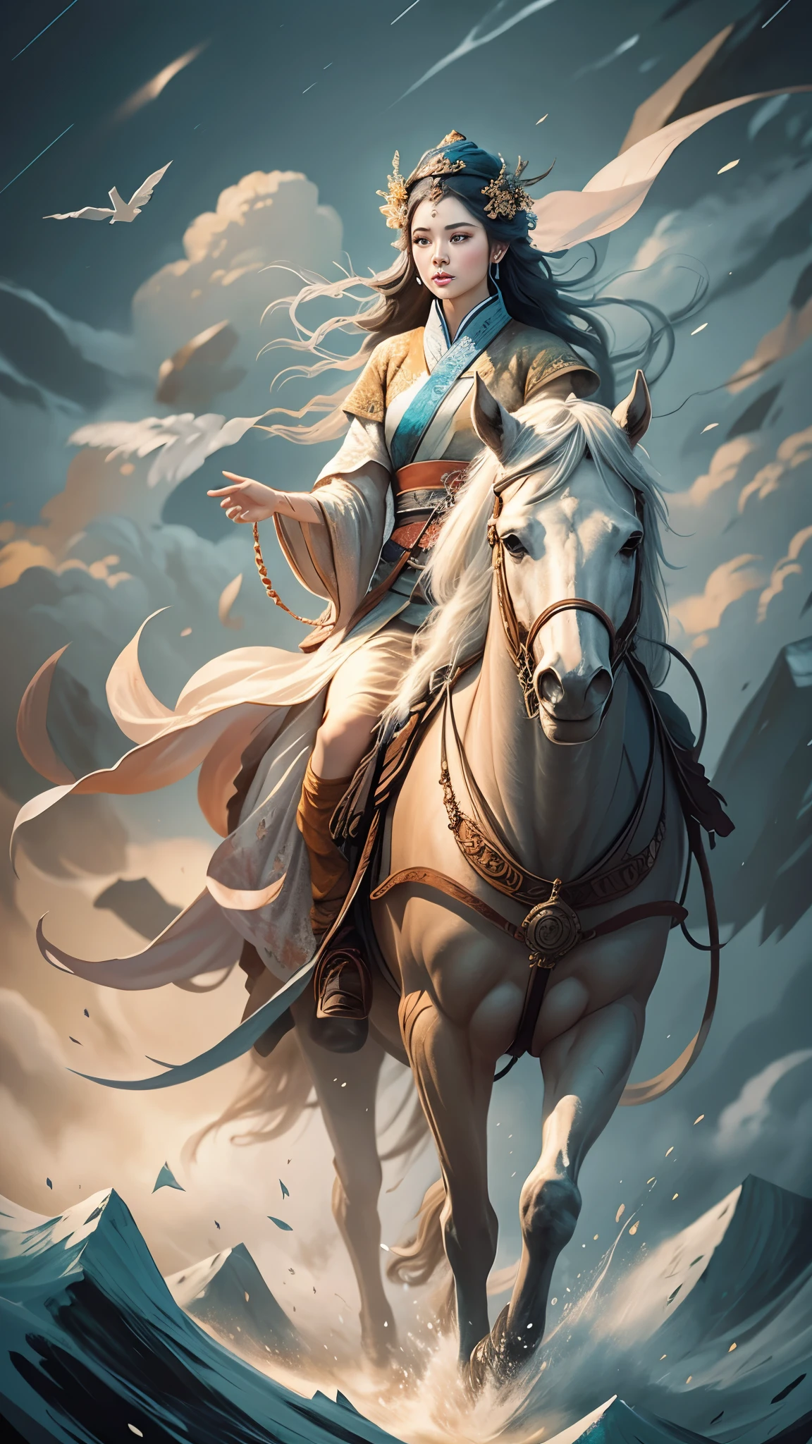 /I Aerialshot，Establishing shot ,Extrem, shot，Acrylic painting illustration by Marko Manev and Merasgar, In the ancient China，winter，Vast, cloudy，A, woman in hanfu, horse walk in the spring , wrong color
