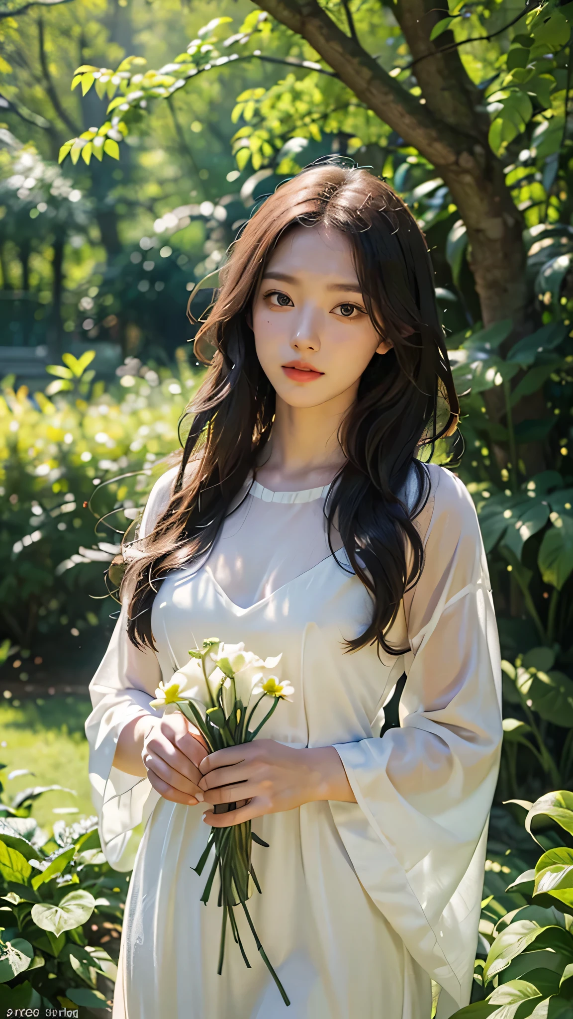 1girl, delicate beauty, elegant expression, long flowing hair, green eyes, small nose, full lips, flawless skin, standing in a lush garden, surrounded by colorful flowers, sunlight filtering through the trees, serene and peaceful atmosphere, (best quality,8k,highres,masterpiece:1.2),ultra-detailed,(realistic,photorealistic,photo-realistic:1.37),intricate details,natural lighting,vibrant colors,professional photography, upper body only,
