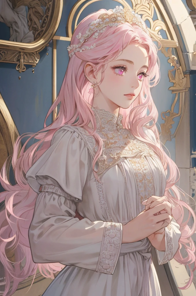 (extremely delicate and beautiful:1.2), 8K,(masterpiece:1.0),(best_quality:1.0), 1 girl, and intricate details, enlarged textures, and intricate details, finely detailed eyes and face, and intricate details, long hair light pink curly, (mouths closed), perfect eyes, matching eyes, pink eyes (A female god) with classic Greek Roman sky blue, looks at camera, looks 50 years old, Blush