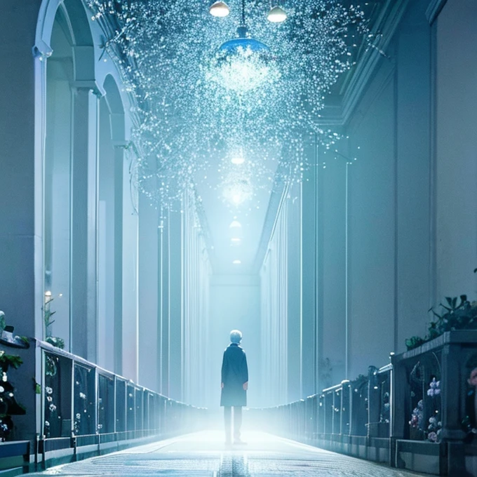 手にHolding flowersいる男がいる, Mysterious still images, Surrounded by frozen flowers, Music video stills, Beautiful photography, The Aesthetics of Art House Film, Very moody blue lighting, Dreamlike atmosphere and drama, Screenshots of Terrence Malick, 魔法のHolding flowersいる, Creepy David Lynch cinematography, Movie stills, Holding flowers, Roses in the Light of the Movie, Landscape, The boy stands Landscape