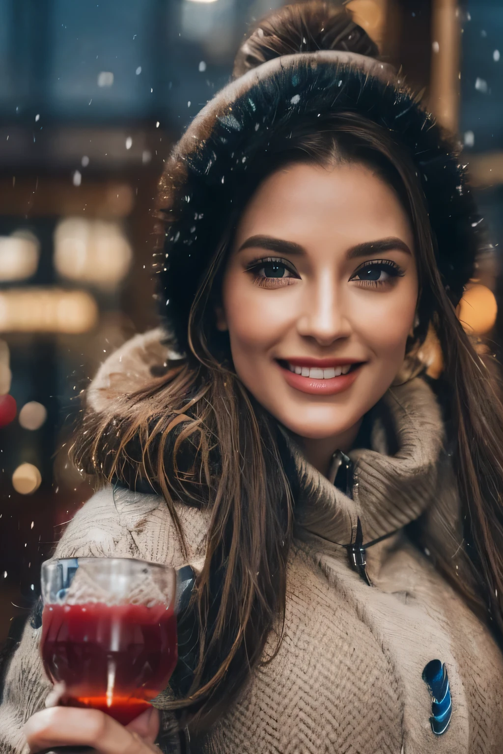 a couple smiling and holding a glass of ice with red and blue drink, beautiful detailed eyes, beautiful detailed lips, extremely detailed eyes and face, long eyelashes, winter outfit,  (best quality,4k,8k,highres,masterpiece:1.2),ultra-detailed,(realistic,photorealistic,photo-realistic:1.37),HDR,UHD,studio lighting,ultra-fine painting,sharp focus,physically-based rendering,extreme detail description,professional,vivid colors,bokeh,portrait