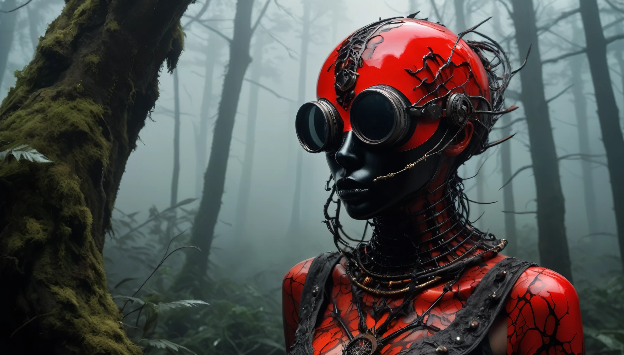 abandoned young graphite junkie's mummy made of dead plants crawling out foggy Louisiana forest, radioactive atmosphere,charcoal mechanical clockwork trees, steampunk dark horror fantasy, ominous landscapes,large number of stars fly towards the viewer,radioactive world,ruined theme,lots of toxic dust,amazon,full body length shot,once pretty face,full body length, eerie atmosphere, ethereal presence,  toxic mists, supernatural entities, sinister aura, dark and twisted branches, macabre elements, eerie and ominous lighting，Complicated detail,captivating creation,intricate details,extremely detailed,masterpiece,intricate details,eyes extremely detailed, high detailed eyes,32k resolution, Nikon Z9,After tsunamis,like Stone Forest in Yunnan Province of China,Simon Stalenhag,Nicola Samori,Wangechi Mutu, horror movie, cinematic look, creepy aesthetic, ultra detailed, photorealistic, masterpiece,(professional 3d render:1.3),junkie, red and black, organic outfit with a curved mask and a glass dome visor, fashionable alien  junkie, vespertine, futuristic clothing and glass, movie still, avante garde design stylings inspired by red and black squares and curves(Intricate:1.4), decadent