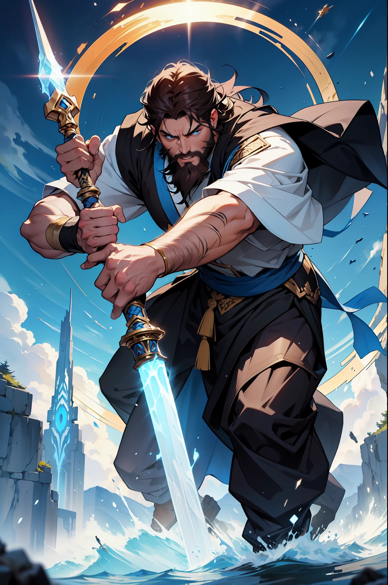    Illustrate Nikolai Ivanov in an action pose, wielding the Staff of Moses. He is in the midst of using the powerful staff, with his practical and traditional clothing moving dynamically. His deep blue eyes are focused and intense, and his short dark brown hair and well-kept beard add to his imposing appearance. Surround him with a dynamic divine aura to showcase his connection with the Staff of Moses and his powerful presence in action.