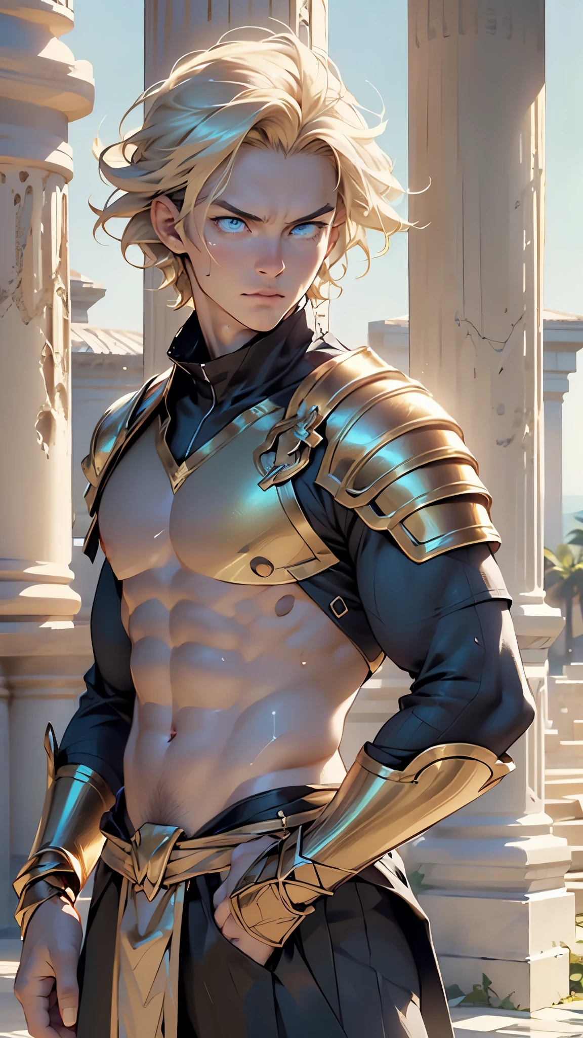 ((Alexander the Great)), a handsome Greek warrior, (man:1.5),1 man,male, muscle, (1boy:1.3), muscle, pectoral, muscular,young man,

(macho man:1.2),

(large pectoral:1.4,),(((blonde hair, wild hair))),(((blue_eyes:1.3))),intricate eyes,beautiful detailed eyes,symmetrical eyes,(((lustrous skin:1.5,tanned skin,bright skin: 1.5,skin tanned,shiny skin,very shiny skin,shiny body))),,man chest,handsome face,(((detailed face))),(ABS),

nsfw,

spreading empire, Macedonian military genius, warrior, fighter, Greek armor, Greek emperor armor, (gold armor,greek armor)),no helmet, young warrior from Macedonia, ((bulge in loincloth)),((wet clothes,intricate outfit,intricate clothes)),

dynamic pose,looking at viewer,angry,centered,scale to fit dimensions,Rule of thirds,

outdoors,pillars,((pillars background,greek palace,greek palace background,pyramids in the background)),scenery,extremely scenery,(puddles everywhere,moss,moss on the background), greek style,greek castle,lily pads,palms,(sunset, golden hour),

(Glossy greek ornaments),highres,sharp focus,(ultra detailed,extremely detailed),(photorealistic artwork:1.37),(extremely detailed CG unity 8k wallpaper),(((vibrant colors,vibrant theme))),(intricate),(masterpiece),(best quality),artistic photography,(photography taken by sldr),(intricate background),perfect rendered face,perfect face details,realistic face,photo realistic,((intricate detail)),(((realism))),