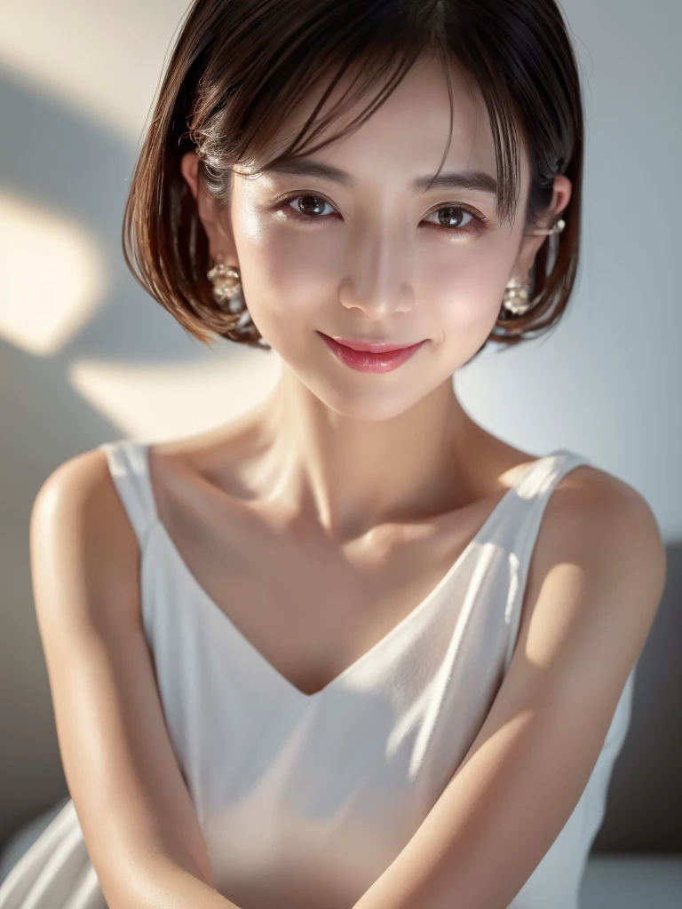 highest quality、8k Masterpiece、superA high resolution、(Photorealistic:1.3)、RAW Photos、1 girl、Black Hair、Glowing Skin、３６age、Portrait、Global Illumination、Shadow、Octane Rendering、8k、Super sharp、Beautiful breastetal、Cold colors、Very intricate details、Soft Light、CGSoation Trend、Beautiful Eyes、Shining Eyes、To the camera、Neon Details、Clear skin、short hair、smile、Featured on cosmetics website、Elegance、Photo Studio、short hair、white lingerie