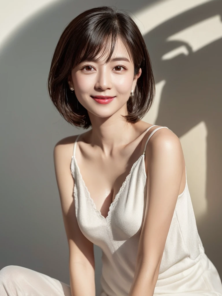 highest quality、8k Masterpiece、superA high resolution、(Photorealistic:1.3)、RAW Photos、1 girl、Black Hair、Glowing Skin、36age、Portrait、Global Illumination、Shadow、Octane Rendering、8k、Super sharp、Beautiful breastetal、Cold colors、Very intricate details、Soft Light、CGSoation Trend、Beautiful Eyes、Shining Eyes、To the camera、Neon Details、Clear skin、short hair、smile、Featured on cosmetics website、Elegance、Photo Studio、short hair、white lingerie