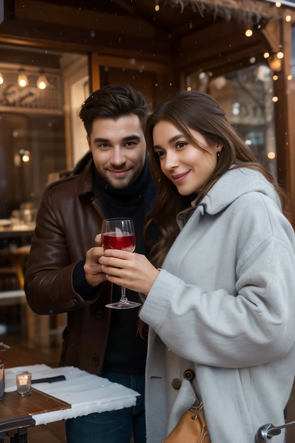 a couple smiling and holding a glass made of ice with a red and a blue drink, beautiful detailed eyes, beautiful detailed lips, extremely detailed eyes and face, long eyelashes, winter clothes, a background with just one color, no details in the background, focus on couple warming up and drinking something cold (best quality, 4k, 8k, high resolution, masterpiece: 1.2), ultra-detailed, (realistic, photorealistic, photorealistic: 1.37), HDR, UHD, studio lighting, painting ultra-thin, sharp focus, physically based rendering, extreme detail rendering, professional, vivid colors, bokeh, portrait
