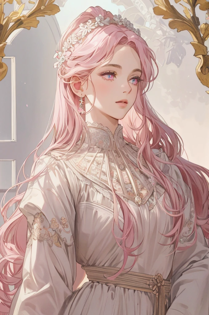 (extremely delicate and beautiful:1.2), 8K,(masterpiece:1.0),(best_quality:1.0), 1 girl, and intricate details, enlarged textures, and intricate details, finely detailed eyes and face, and intricate details, long hair light pink curly, (mouths closed), perfect eyes, matching eyes, pink eyes (A female god) with classic Greek Roman sky blue, looks at camera, looks 50 years old, Blush