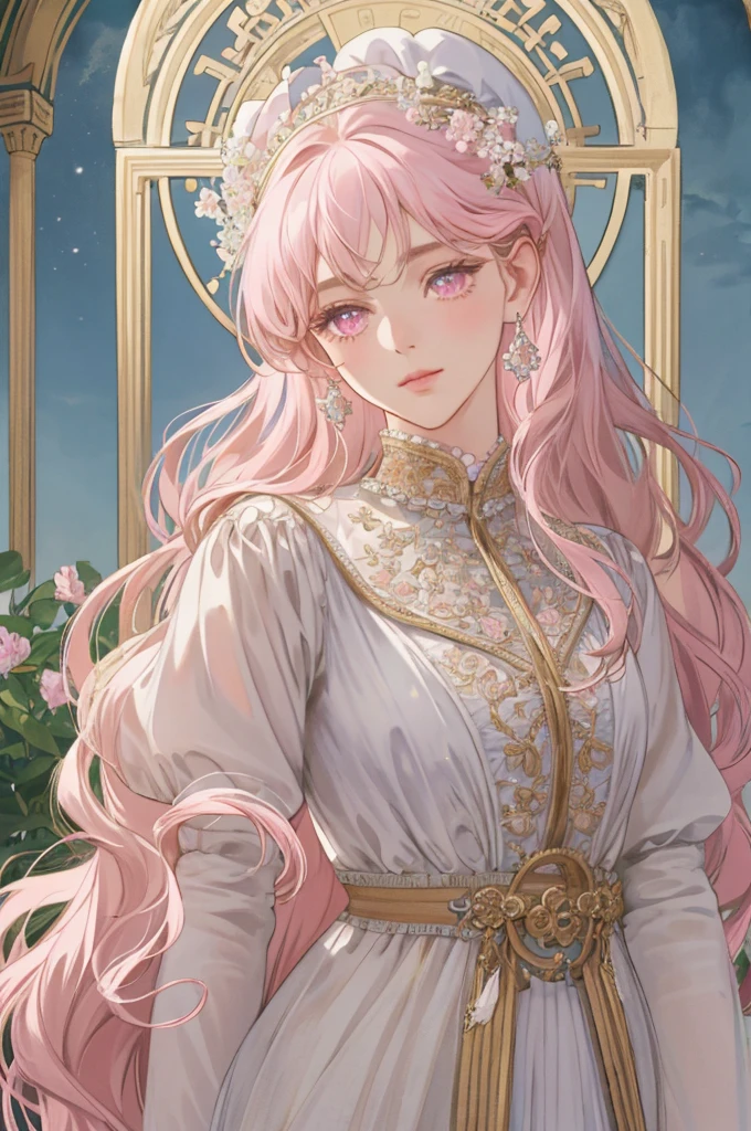 (extremely delicate and beautiful:1.2), 8K,(masterpiece:1.0),(best_quality:1.0), 1 girl, and intricate details, enlarged textures, and intricate details, finely detailed eyes and face, and intricate details, long hair light pink curly, (mouths closed), perfect eyes, matching eyes, pink eyes (A female god) with classic Greek Roman sky blue, looks at camera, looks 50 years old, Blush
