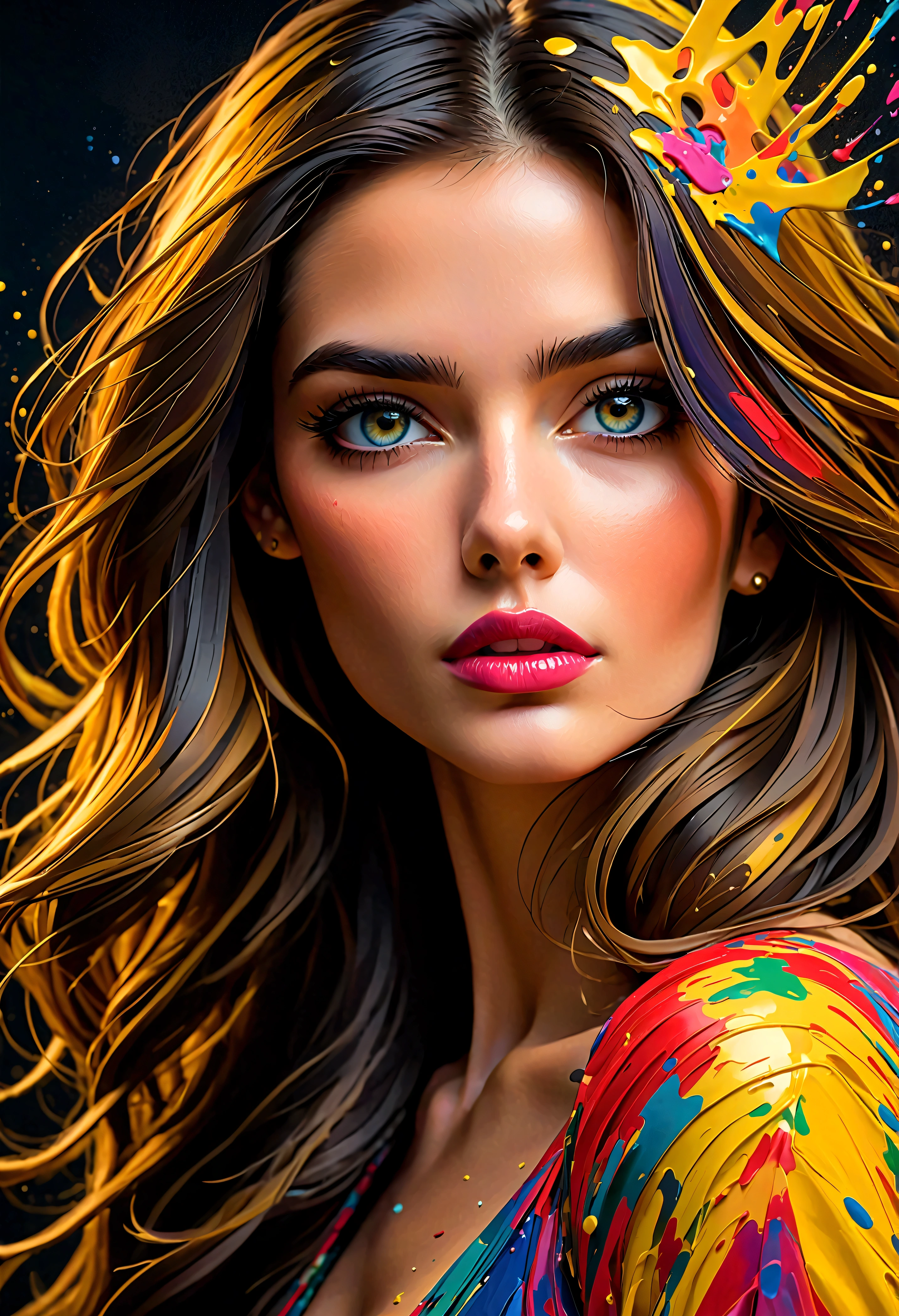 impressionist impasto, various width and weight strokes, thick applications, textured surface, multi-color fragmented elements, woman, detailed eyes and lips, long hair, intense gaze, angled side front profile, vibrant flowing dress, abstract splashes and splatters, vertical gold specks and drops, dark background, lively and dynamic composition, modern, elegant, dreamlike, breathtaking, signature by supersy, vibrant, portrait photography, cinematic, photo, poster, painting, illustration