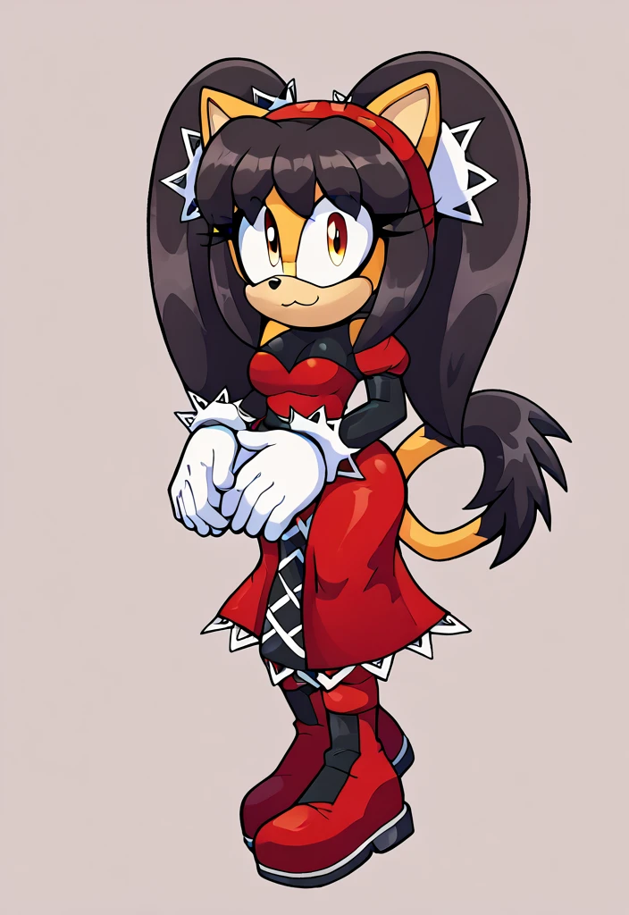 score_9, score_8_up, 2D, flat color, a plain white background with nothing in it, looking at viewer, 1girl, very detailed, extremely detailed, latex clothes, honey the cat from the sonic the hedgehog series, sexy standing, full body, wide hips, narrow waist, curvy body, red sexy dress, big , frilly hair ties, sexy expression, open mout, open hands, wide eyes, black hair, twin tails hair, sexy short red dress with a white trim, heart-shaped part in clothes, heart-shaped part in cloth, red boots whit white cuffs, red headband, white gloves white red cuffs, black stockings, sexy expression, sexy clothes, nsfw