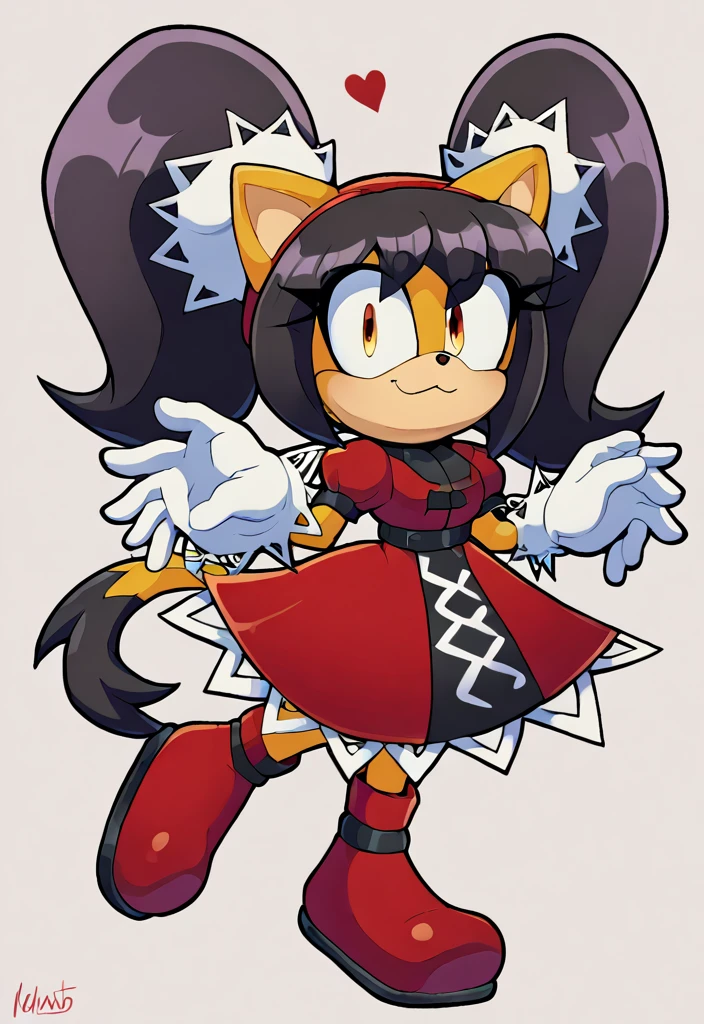 score_9, score_8_up, 2D, flat color, a plain white background with nothing in it, looking at viewer, 1girl, very detailed, extremely detailed, latex clothes, honey the cat from the sonic the hedgehog series, sexy standing, full body, wide hips, narrow waist, curvy body, red sexy dress, big , frilly hair ties, sexy expression, open mout, open hands, wide eyes, black hair, twin tails hair, sexy short red dress with a white trim, heart-shaped part in clothes, heart-shaped part in cloth, red boots whit white cuffs, red headband, white gloves white red cuffs, black stockings, sexy expression, sexy clothes, nsfw