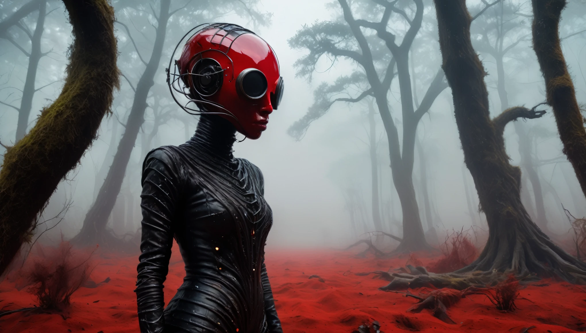 abandoned young graphite junkie's mummy made of dead plants crawling out foggy Louisiana forest, radioactive atmosphere,charcoal mechanical clockwork trees, steampunk dark horror fantasy, ominous landscapes,large number of stars fly towards the viewer,radioactive world,ruined theme,lots of toxic dust,amazon,full body length shot,once pretty face,full body length, eerie atmosphere, ethereal presence, toxic mists, supernatural entities, sinister aura, dark and twisted branches, macabre elements, eerie and ominous lighting,Complicated detail,captivating creation,intricate details,extremely detailed,masterpiece,intricate details,eyes extremely detailed, high detailed eyes,32k resolution, Nikon Z9,After tsunamis,like Stone Forest in Yunnan Province of China,Simon Stalenhag,Nicola Samori,Wangechi Mutu, horror movie, cinematic look, creepy aesthetic, ultra detailed, photorealistic, masterpiece,(professional 3d render:1.3),junkie, red and black, organic outfit with a curved mask and a glass dome visor, fashionable alien junkie, vespertine, futuristic clothing and glass, movie still, avante garde design stylings inspired by red and black squares and curves(Intricate:1.4), decadent