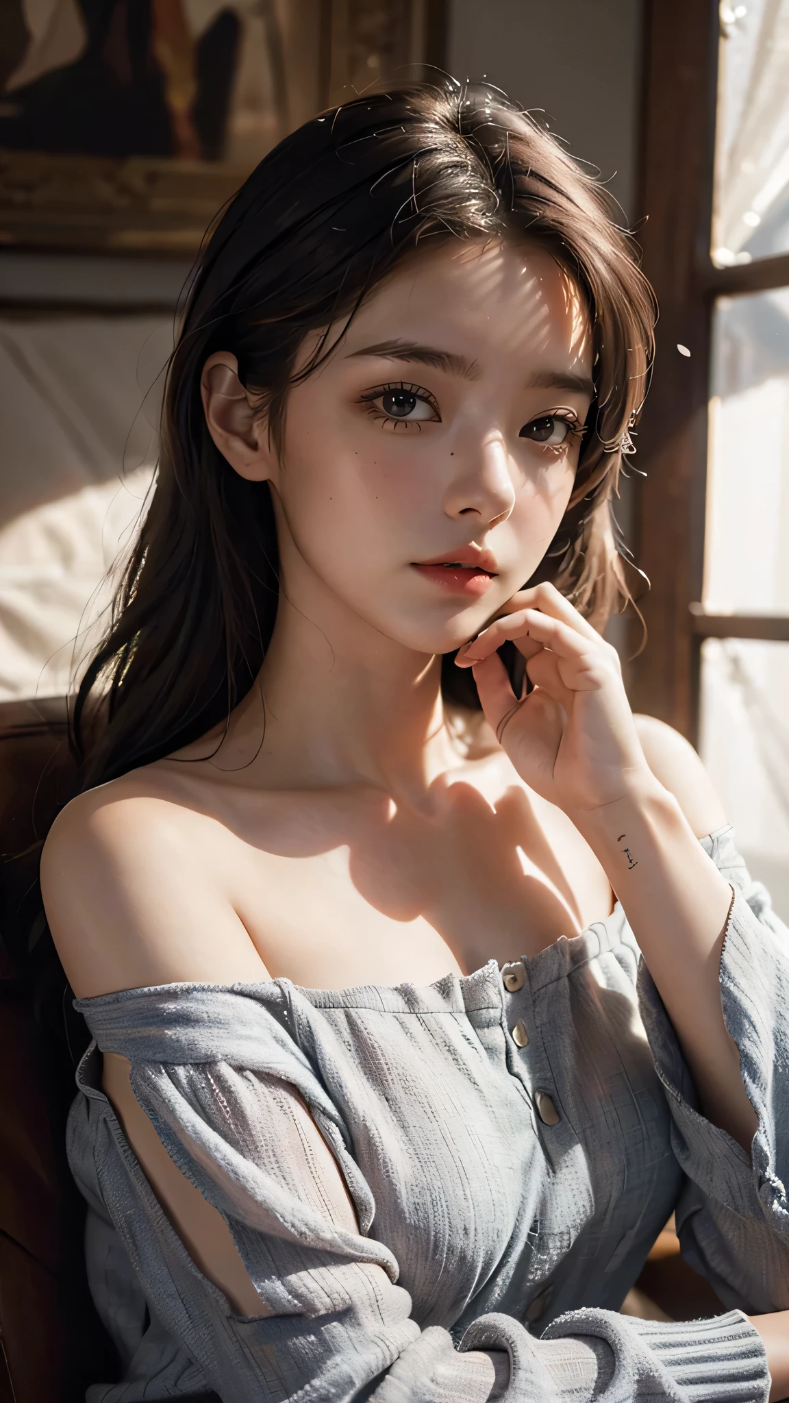 Best quality, masterpiece, ultra high res, (photorealistic: 1.4), raw photo, 1girl, off shoulder, cinematic lighting, kissing poses, heterochromia