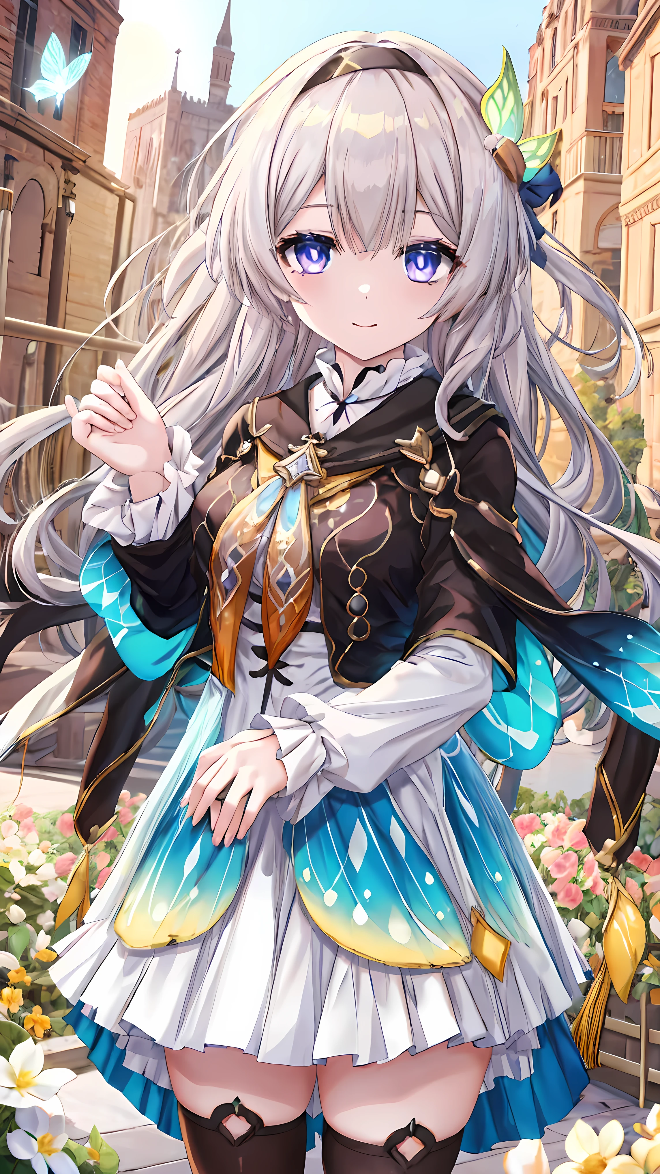 honkaifire Fly, fire Fly, (Purple eyes:1.3), Grey Hair, butterfly hair ornaments, hair ornaments, Hair Intake, Long Hair, (Bright Eyes:1.5),
break black shoes, blue dress, blue shoes, dress, shoes, shoes, two-tone dress, two-tone shoes, white dress, Long sleeve, hair band,
break outdoors,
break looking at viewer, (Cowboy Shot:1.5), smile,Composition from below, Thighs, ((Black knee socks)), Absolute area, sexy,
break (masterpiece:1.2), highest quality, High resolution, unity 8k wallpaper, (figure:0.8), (Beautiful fine grain:1.6), Highly detailed face, Perfect lighting, Highly detailed CG, (Perfect hands, Perfect Anatomy),
break ((masterpiece,highest quality)), Super detailed, Shine, shine, Ray Tracing, (Perfect Face, Detailed face, Fine grain, Perfect hands, Perfect Fingers:1.5), hd, Super cute face, highest quality, Super detailed,
break Shine目, (highest quality realistic illustrations), (Super fine), (Cute illustrations:1.3), (High chroma:1.3),, Beautiful detailed face and eyes, Dynamic lighting, (Very delicate and beautiful),
break (Nice hands), (Perfect hands:1.4), Highly detailed illustration, Super cute and beautiful, highest quality, slender, ,Baby Face,