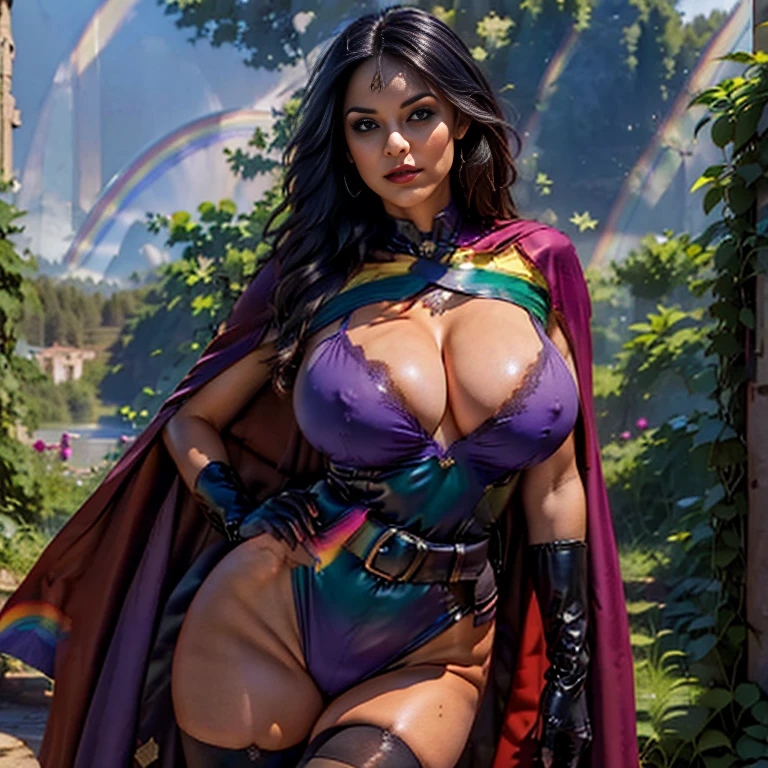 ((masterpiece,best quality), (mature female, milf:1.3), masterpiece, best quality, (rainbow:1.5), long hair, black hair, makeup, lipstick, lips, blue eyes, red lips, gloves, thighhighs, cape, mask, elbow gloves, superhero, midriff, belt, leotard, purple gloves, utility belt, pouch, belt pouch, domino mask, black thighhighs, purple leotard, purple thighhighs, short shorts, clothing-cutout, bodysuit, purple cape, 



(Outdoors stone wall ), thighhighs, wide breasts, (majestic greenery scenery:1.5), (realistic:1.2), (masterpiece:1.2), (full-body-shot:1),(Cowboy-shot:1.2) ,intricate detail full body (NSFW breasts), hdri, extremely naked, nude, nua, pelada, nsfw, gigantic breast 1.9, no half legs
