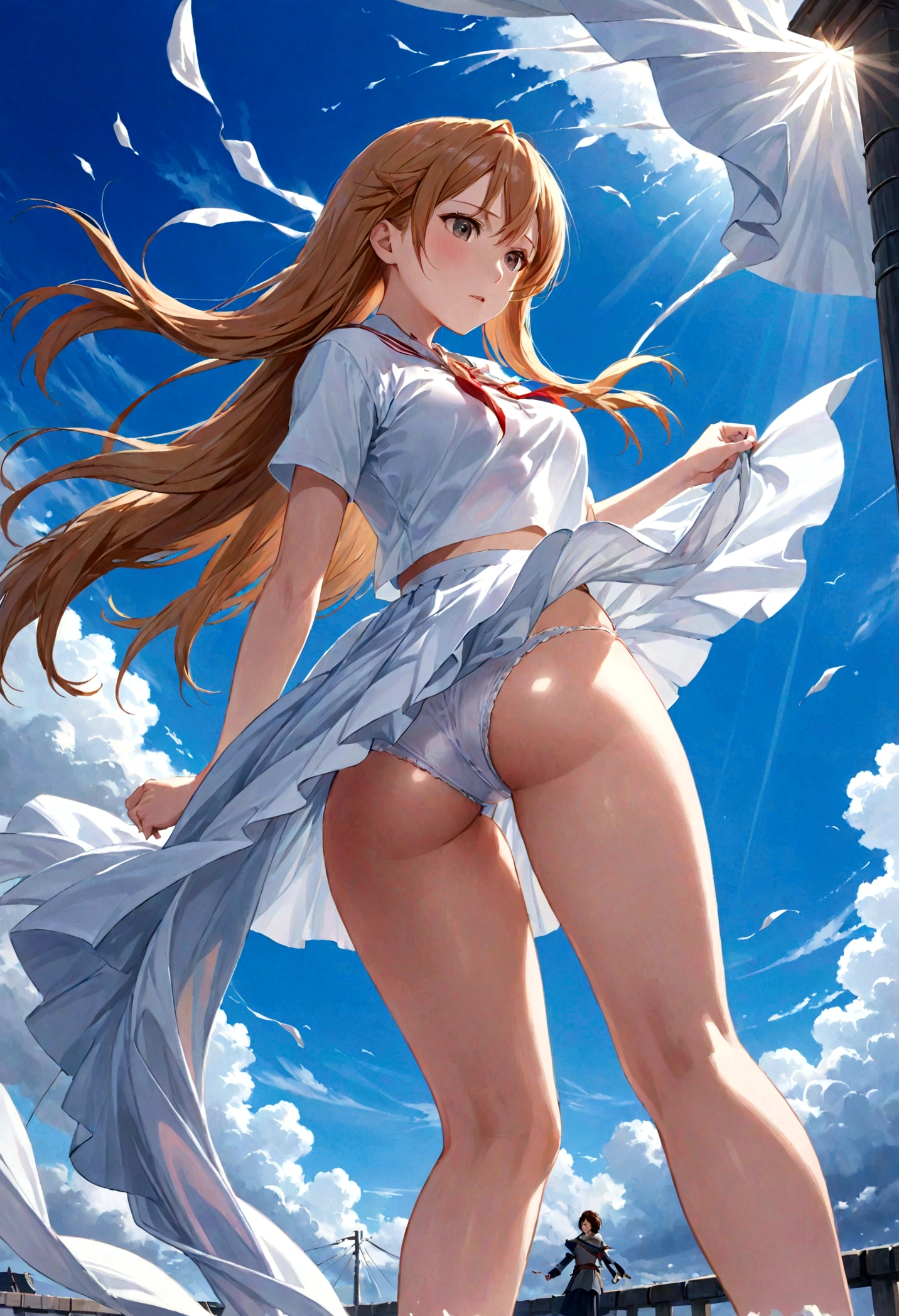 Yuuki Asuna low angle、Long skirt、Hold down your skirt that is being blown up by the strong wind、The strong wind is showing her white cotton panties
