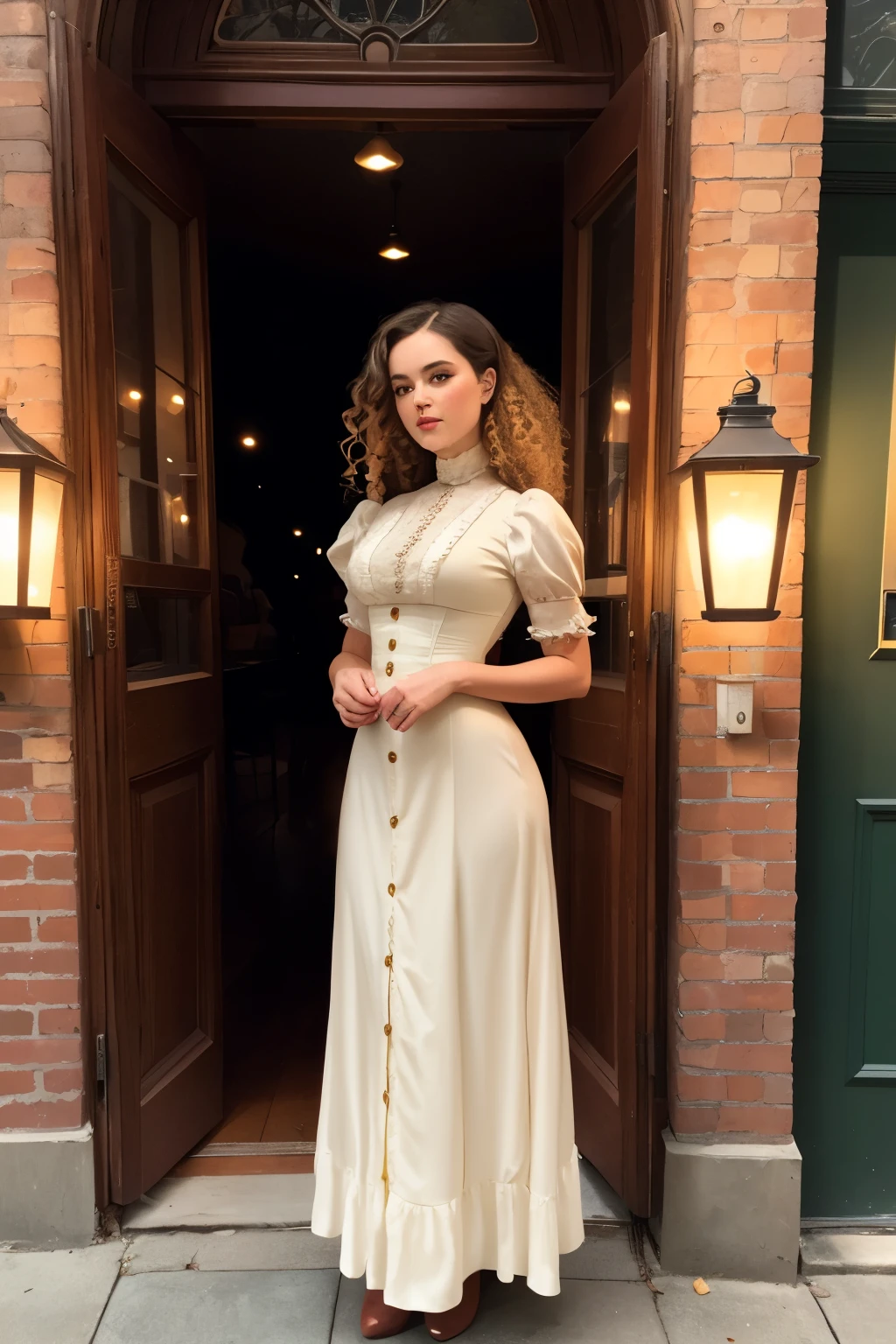 (full body of a beautiful young woman on a 19th century street in a form fitting vintage dress), (Serious:0.5), (Highly detailed face:1.4), ass pov, Nikon D850, film stock photograph, 4 Kodak Portra 400, camera f1.6 lens, saturated colors, hyper realistic, lifelike texture, dramatic lighting, Cinestill 800, 19th-century Victorian style, Evening, Vintage lighting, Long curly dark hair