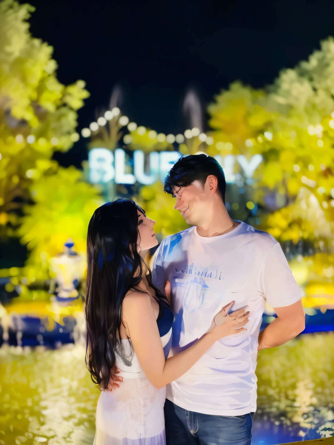 there is a man and woman standing next to each other near a fountain, blue sky, photography shot at blue hour, with blue light dark blue sky, bluey, blue night, sunny sky, blue blurred, blue skies, ❤🔥🍄🌪, bright sky, lovely couple, blue themed, blue backdrop, fanart, blurry, night!, blue tinted