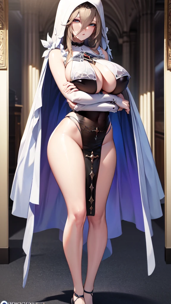 aponia, blue eyes, brown hair, hair between eyes, long hair, sexy nun bikini, veil, huge breasts, saggy breast, ample breast, breast focus, tall figure, voluptuous, seductive, alluring, sexy, full body, finger lick, ((ultra-detailed, masterpiece, realistic:0.5, best quality, official art, extremely detailed CG unity 8k wallpaper, HD))